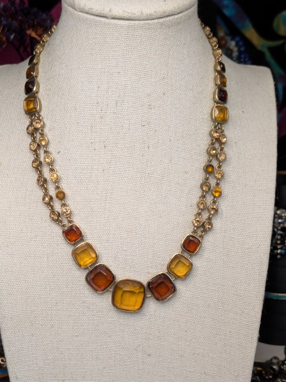Vintage Amber & Topaz Rhinestone Collar Necklace